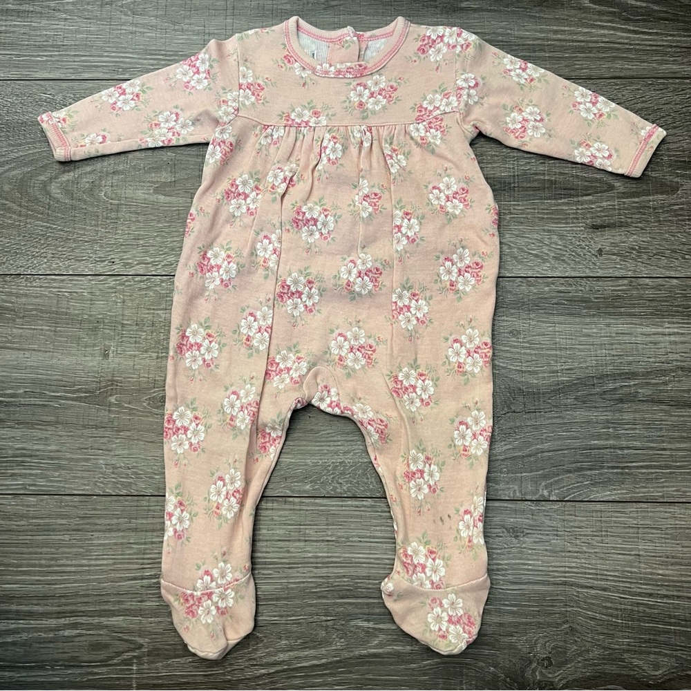 Baby Lulu Girls Pink Floral Cotton Footed One Piece sz 3M Button Bottom Neck